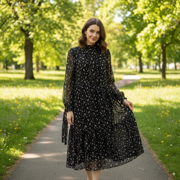 Lost+Wander Black Ruffle Midi Dress Size Small NWT - Picture 1 of 3